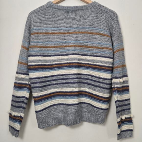 Heartloom Wool Mohair Pom Pom Knit Sweater Size XS Gray Striped Casual Boho Fall - Picture 7 of 9